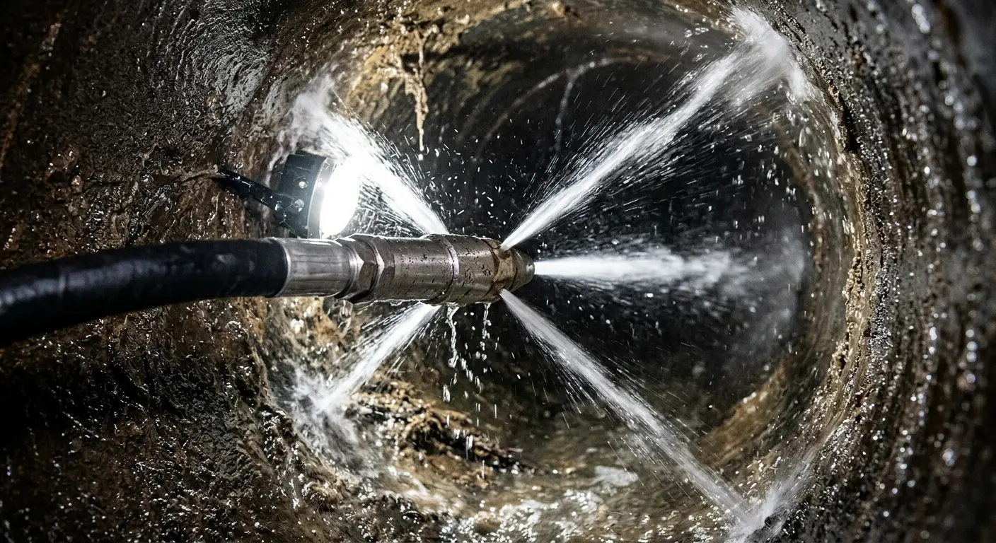 High-pressure hydro jetting nozzle cleaning sewer pipe for Trenchless Sewer Repair in Mahomet