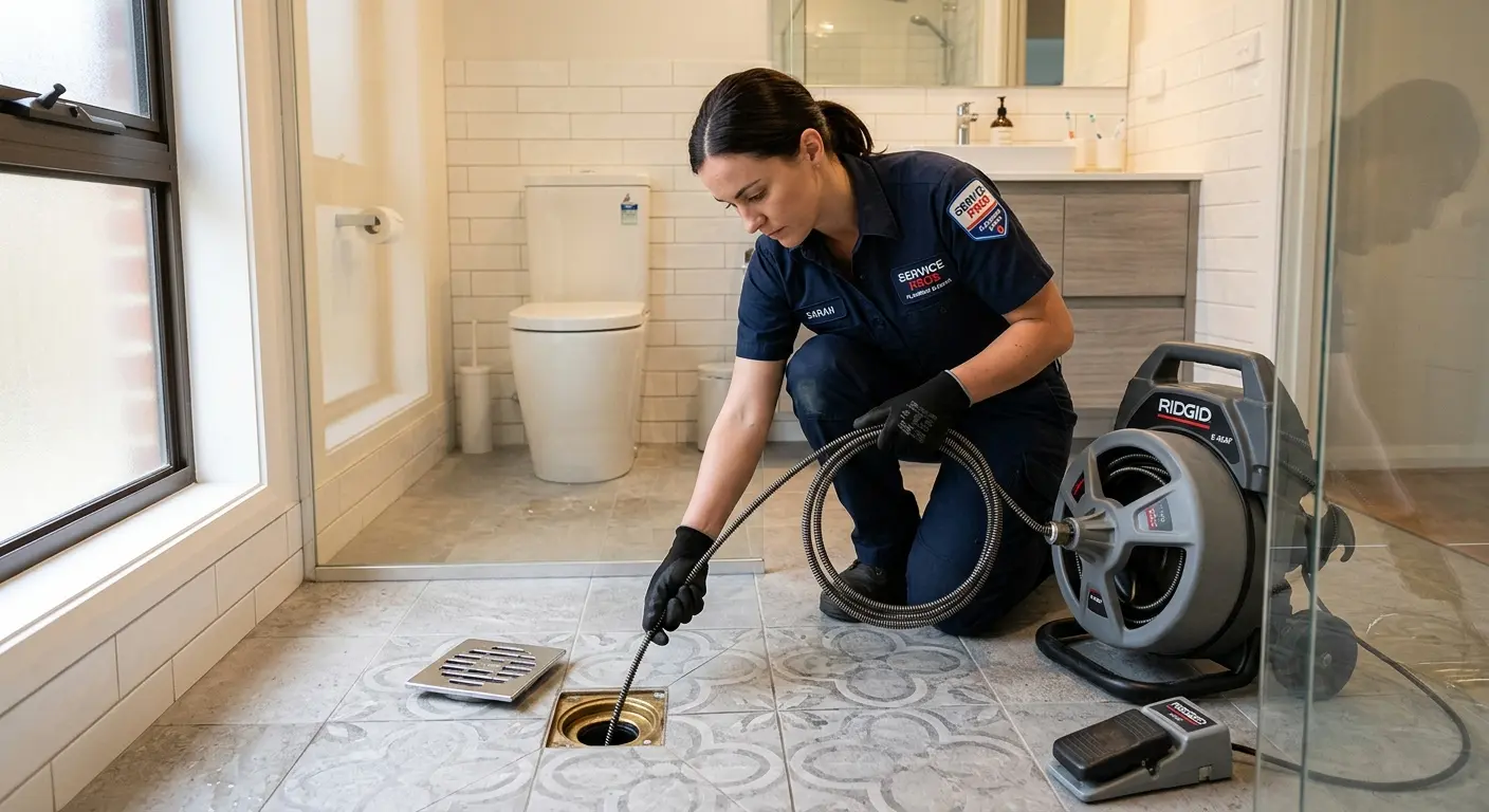 Technician clearing a bathroom floor drain for Hydro Jetting in Mahomet